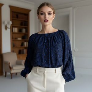 Banana Republic Blue Snake Print Blouse | Exotic Silk-Touch Office Blouse | S